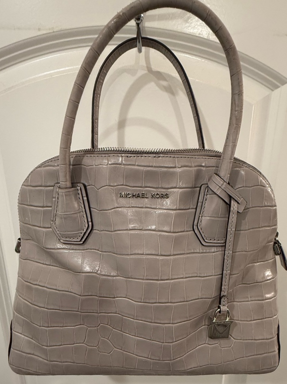 Michael Kors Croc-Embossed Leather Satchel in Taupe